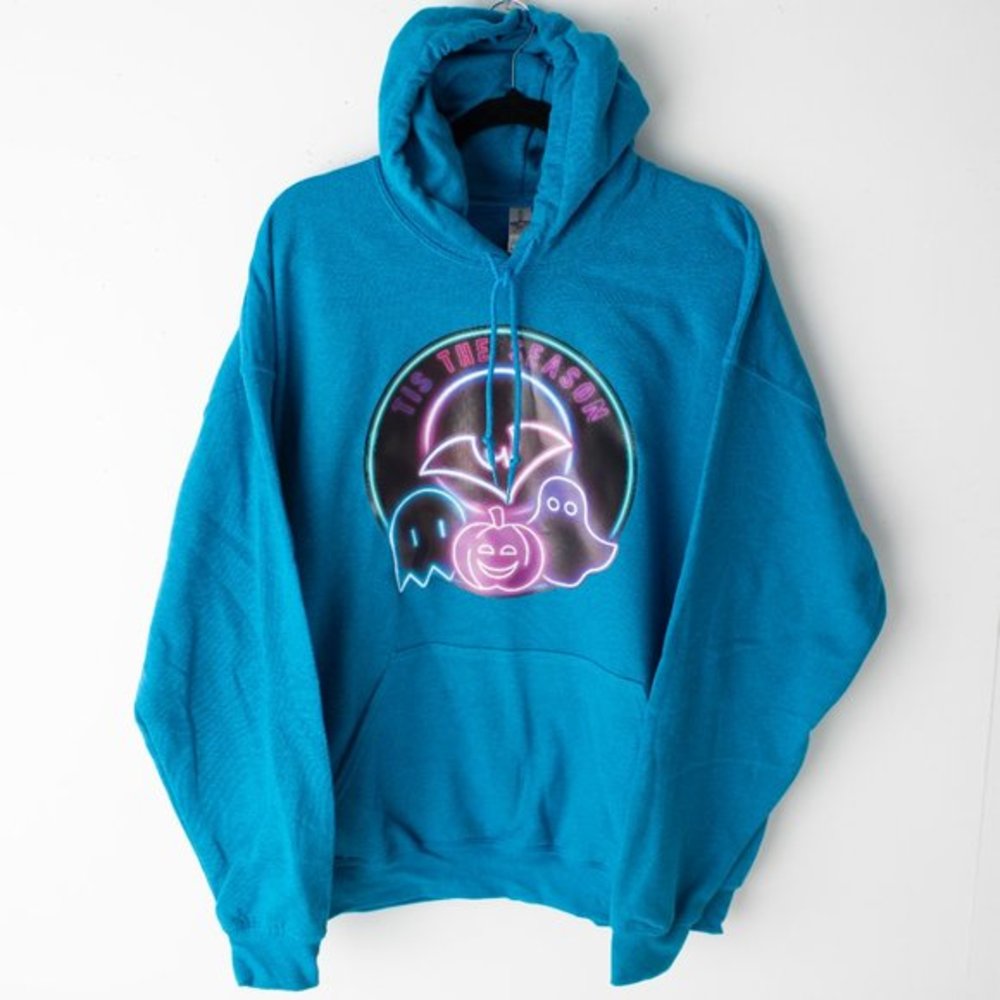 New Tis The Season Fall Halloween Ghosts Bats Pumpkins Blue Hoodie XL - Picture 2 of 7